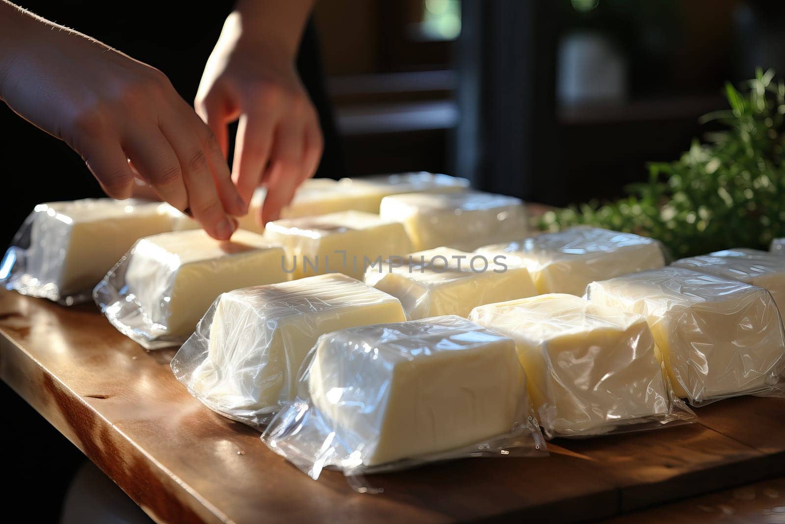 Vacuum packaging of fresh feta cheese, salted feta cheese.