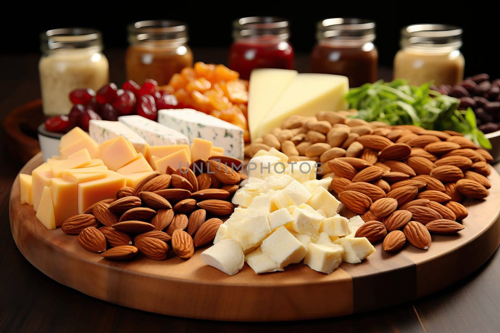 A variety of cheese and nuts and also with different cheese sauces on a black background.