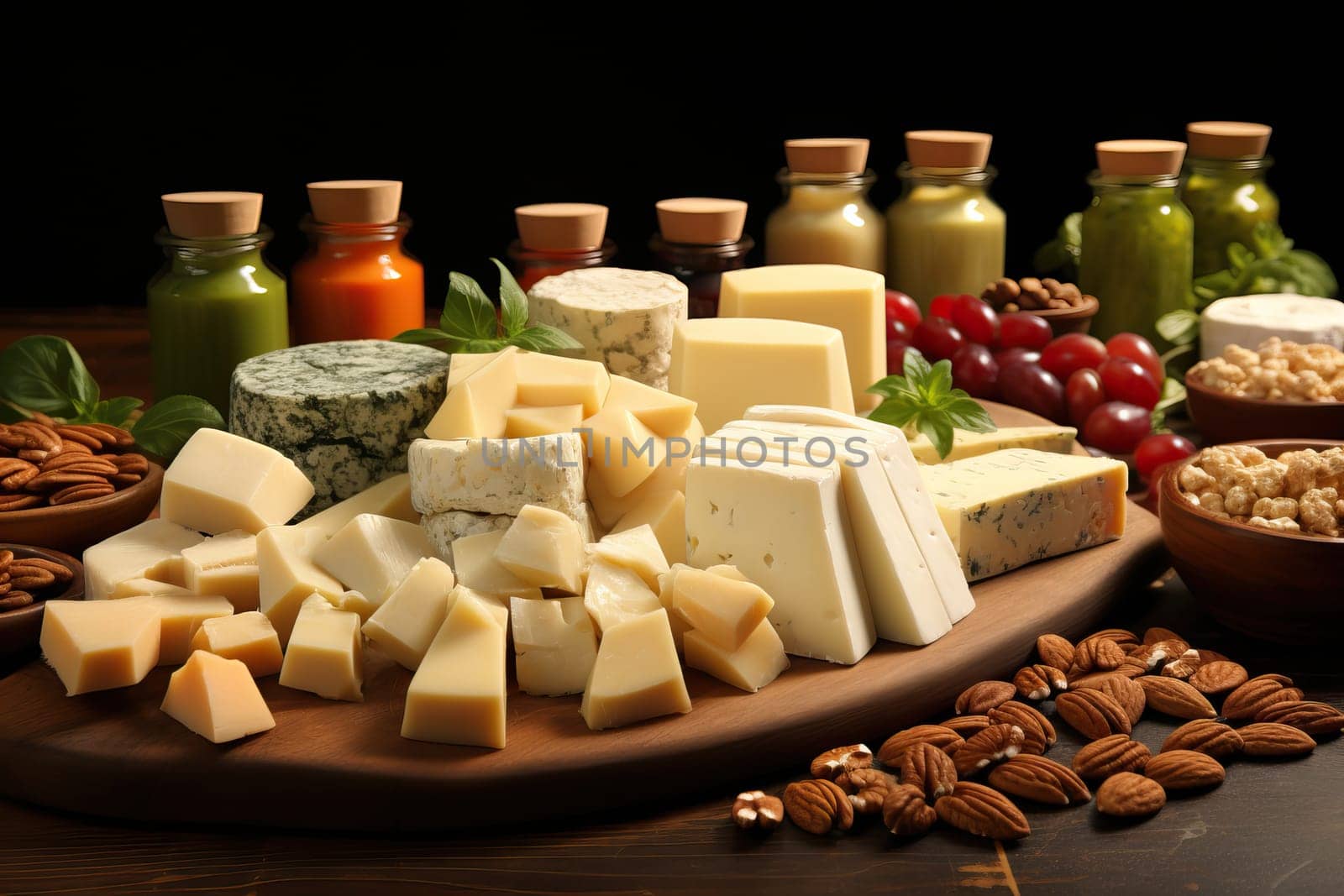 A variety of cheese and nuts and also with different cheese sauces on a black background.