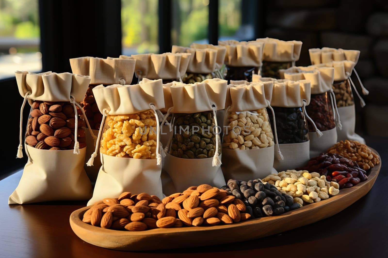 Nuts in linen bags are ready for use, commercial appearance of finished products.