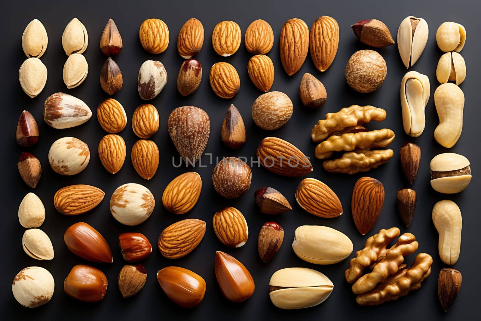 A set of different nuts on a black background, top view of the nuts.