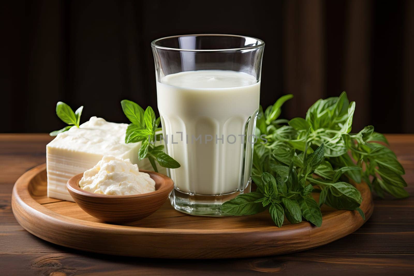 Fresh cow's cheese and milk on a wooden board on a black background.