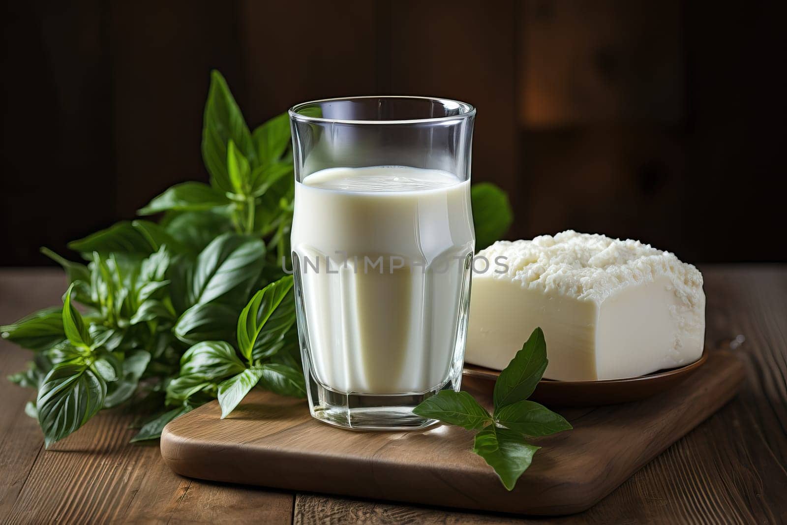 Fresh cow's cheese and milk on a wooden board on a black background.