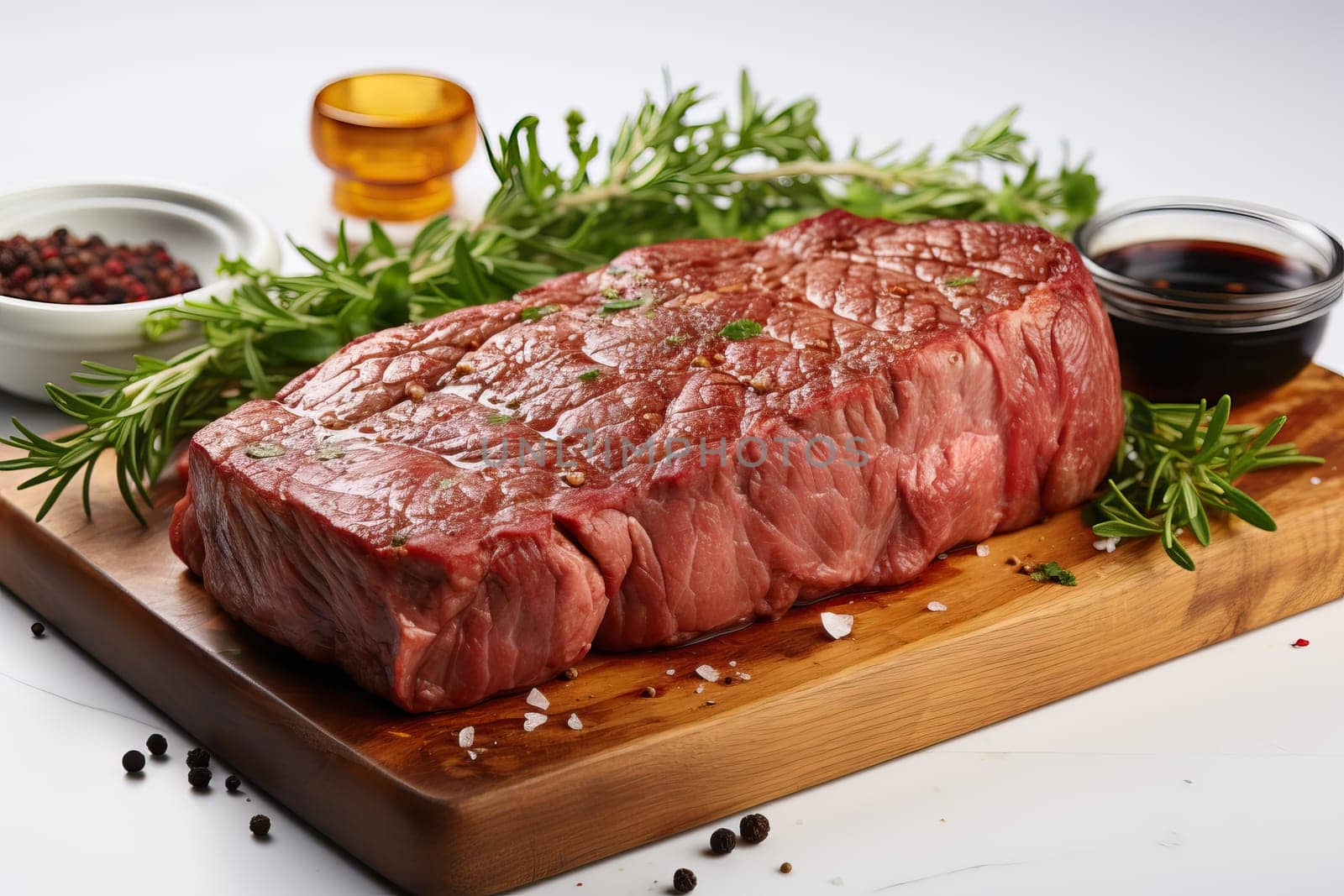 grilled large piece of beef on a barbecue and served on a wooden board, on a white background.