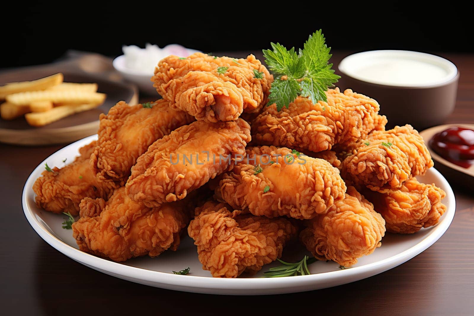 Fried chicken wings in breadcrumbs with sauces on a white plate.