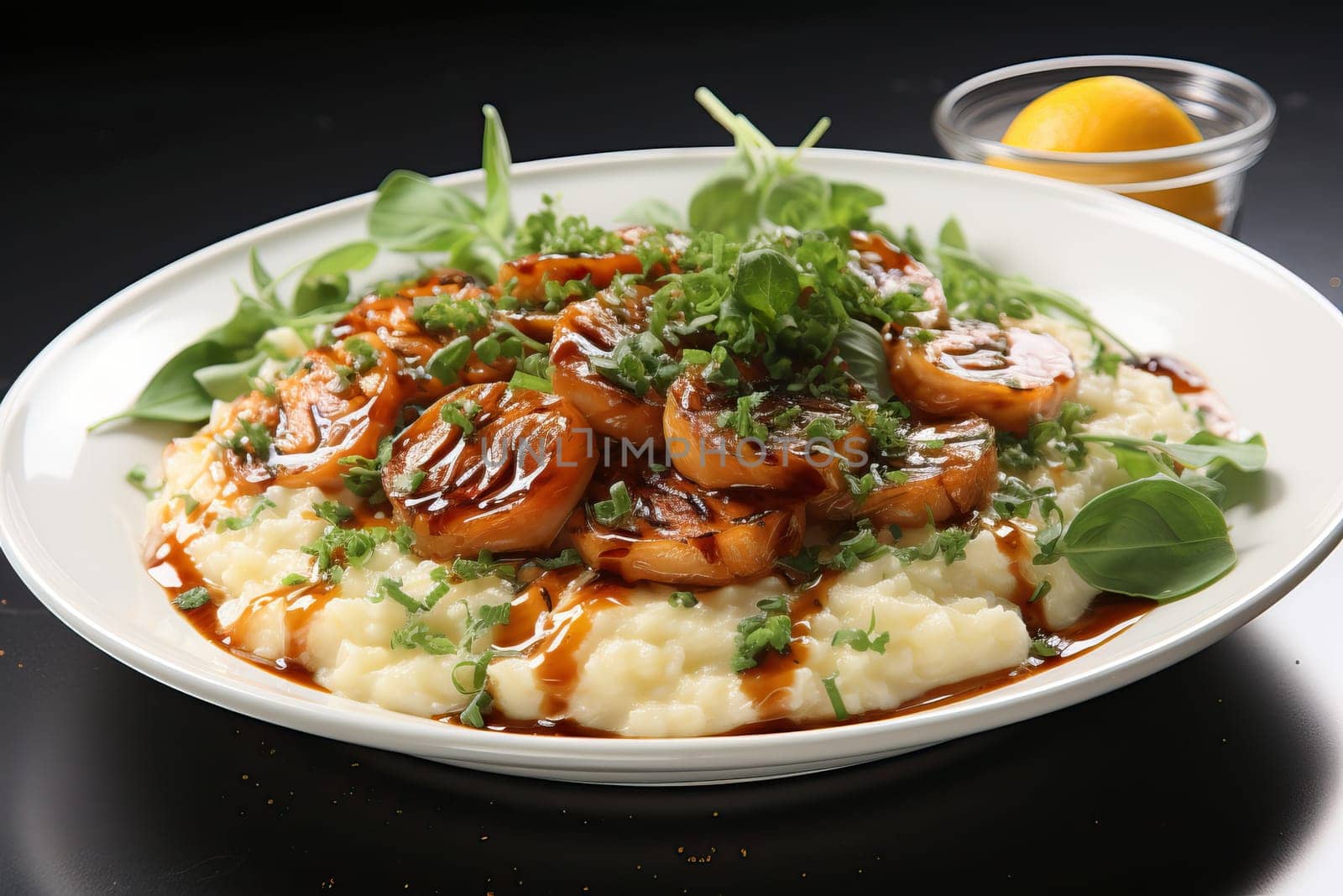 Risotto with mushrooms in a large white plate, serving food in a restaurant.