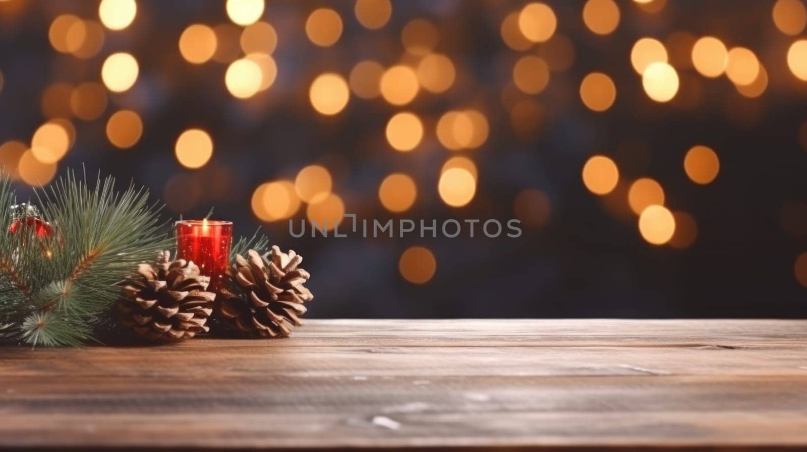 Merry Christmas and Happy New Year background with empty wooden table over Christmas tree and blurred light bokeh. Empty display for product placement. Rustic vintage Xmas 2024 background. comeliness