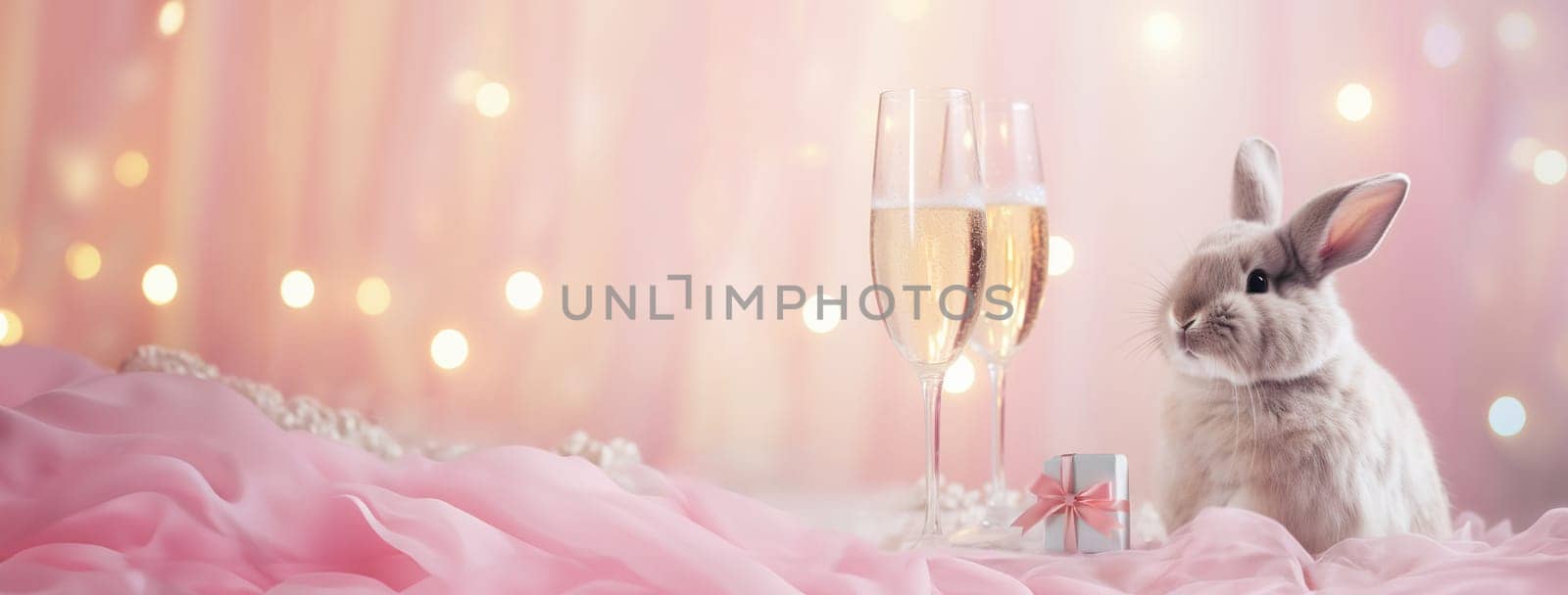 fluffy bunny sitting next to glasses of champagne and a Valentine's Day gift box surrounded by peach silk and tinsel in a pink interior with shiny bokeh, banner with copy space, high quality photo