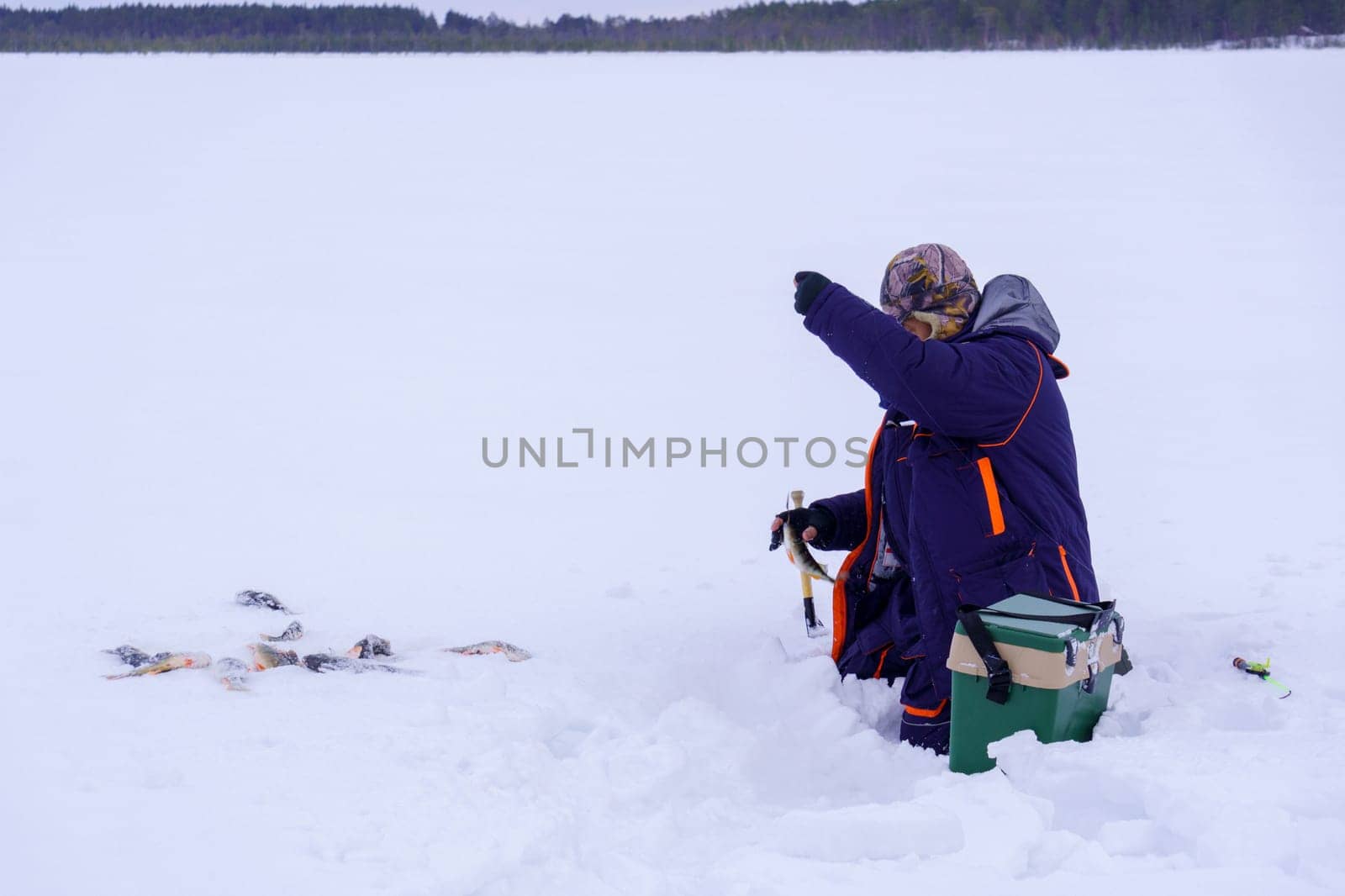 Man Holding a Fish in the Snow. Winter fishing, adventure. Banner, copy space