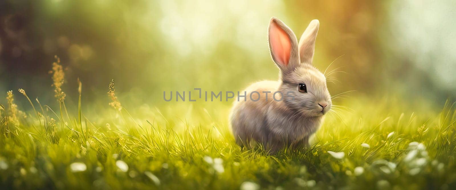 Cute little rabbit sitting in grass in the sunshine, banner for your design