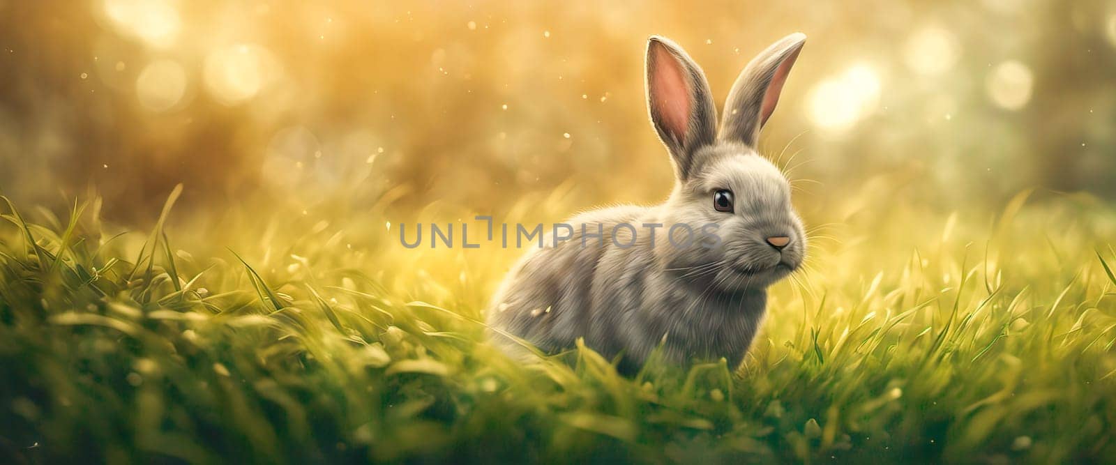 Happy Easter Bunny on a card on their with flowers at sunset. Cute hare