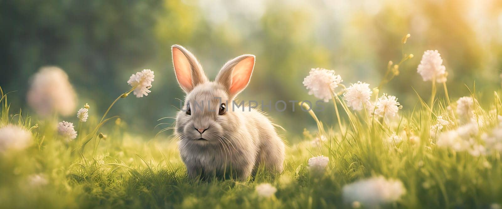 Cute adorable fluffy rabbit sitting on green grass lawn at backyard. Small sweet bunny walking by meadow in green garden on bright sunny day. Easter nature and animal bokeh background