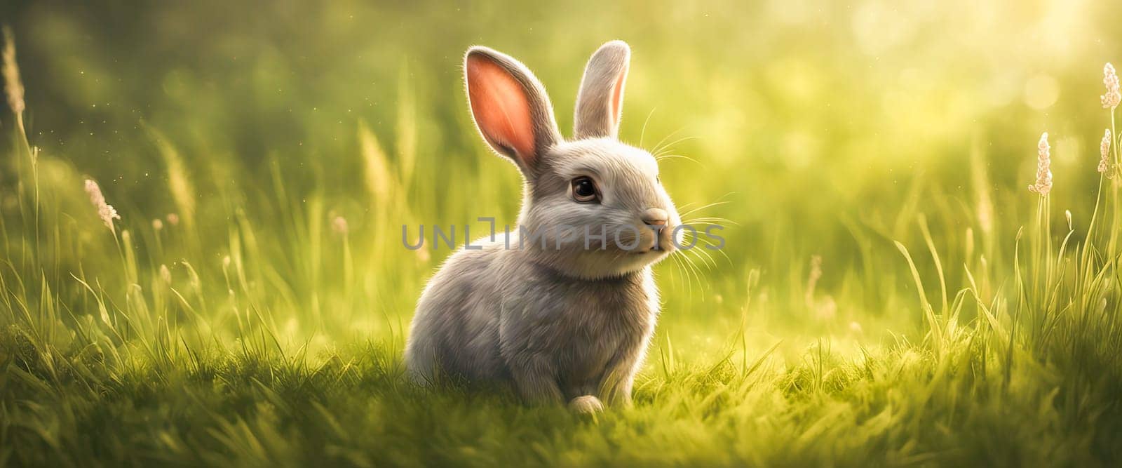 A little rabbit on the green grass on a spring day