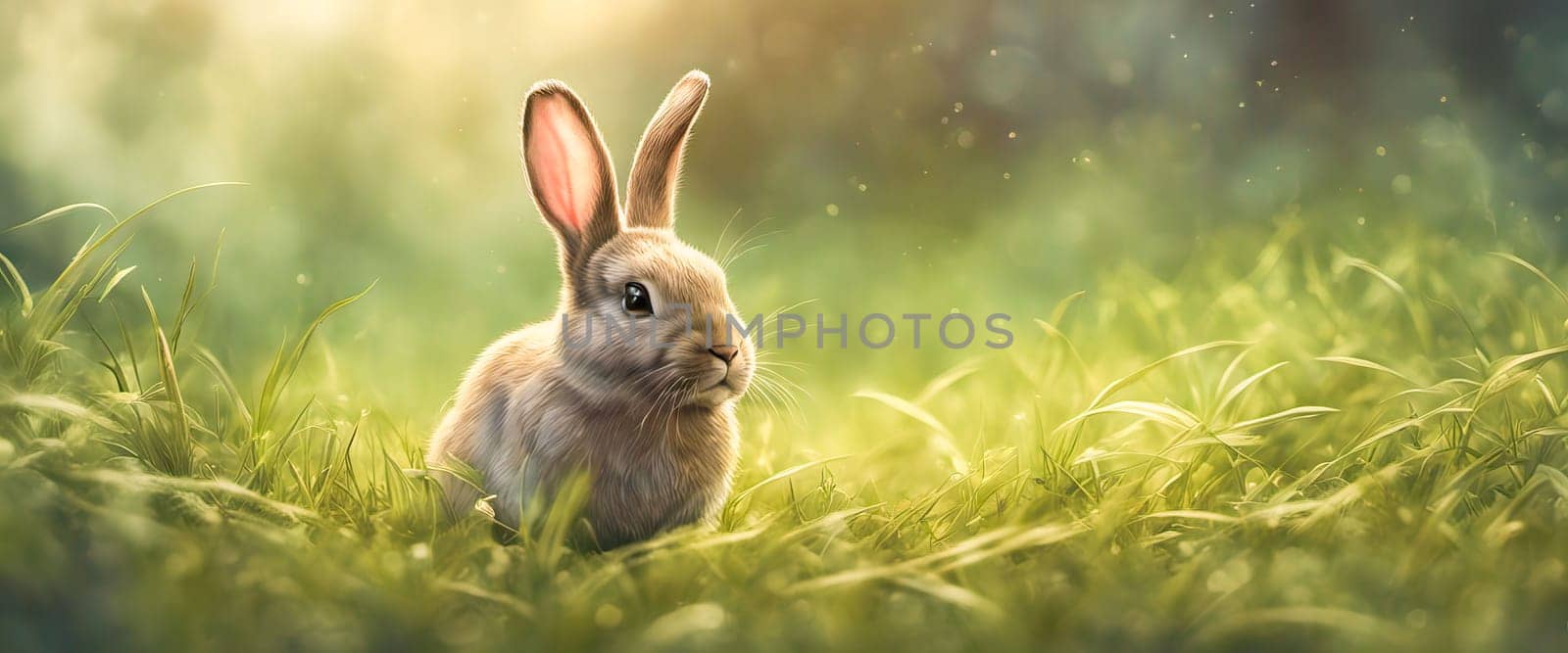 A small rabbit sitting in a field on green grass