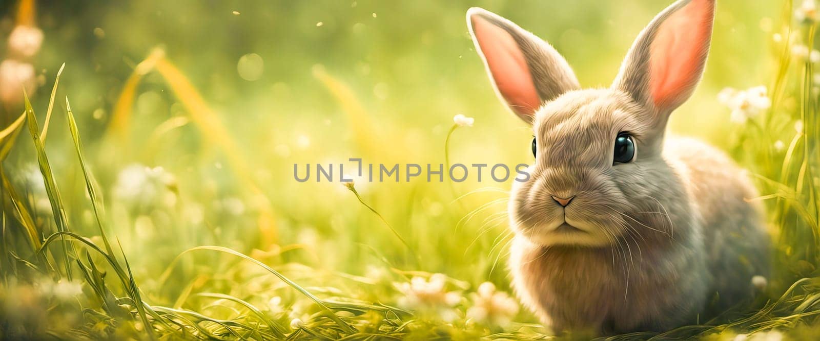 Adorable rabbit sitting on grass with natural bokeh in backdrop. Cute baby bunny frolicking in the yard