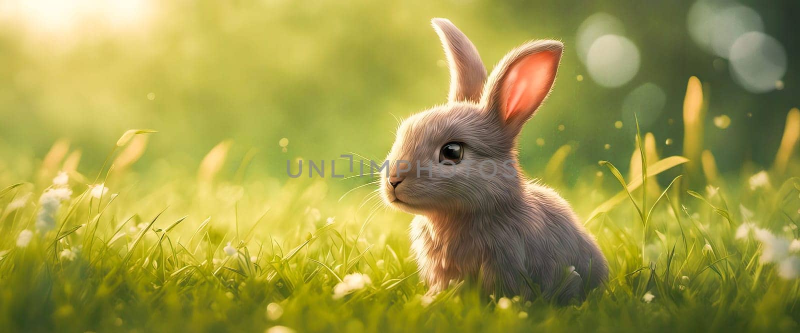 Rabbit. Cute little Easter bunny in meadow. Green grass under sunbeams. Rabbit by EkaterinaPereslavtseva