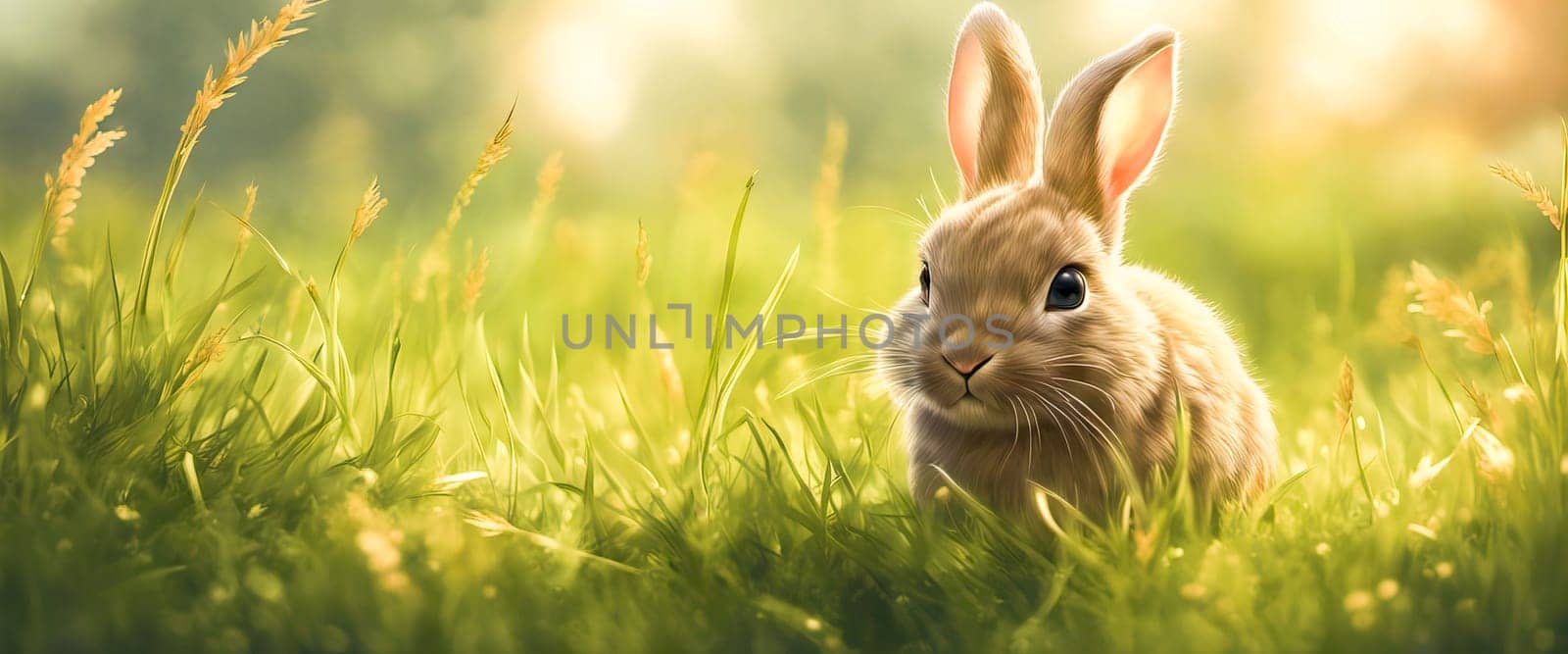 Cute adorable fluffy rabbit sitting on green grass lawn at backyard. Small by EkaterinaPereslavtseva
