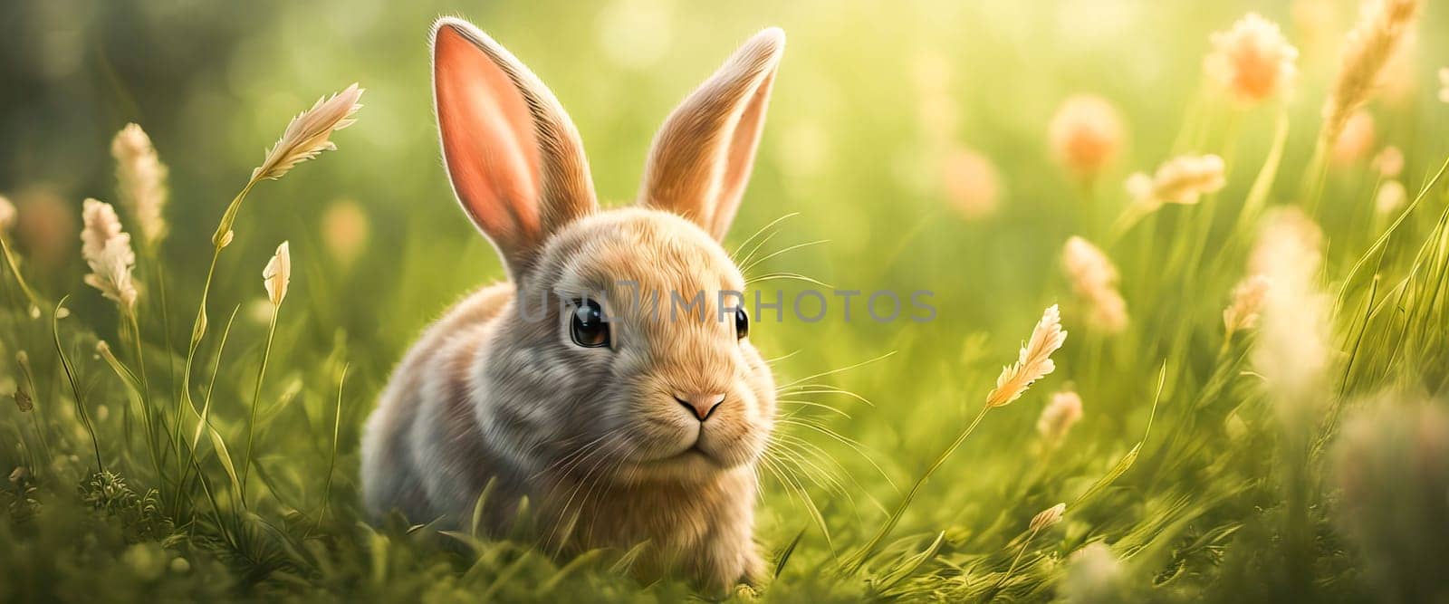 A little rabbit on the green grass on a spring day