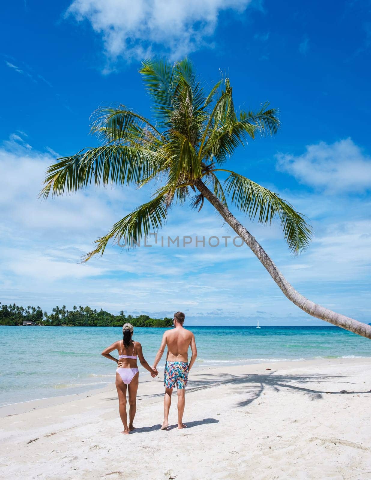 Tropical Island Koh Kood or Koh Kut Thailand. Couple men and women on vacation in Thailand walking at the beach with a hanging palm tree, holiday concept Island hopping in Eastern Thailand Trang