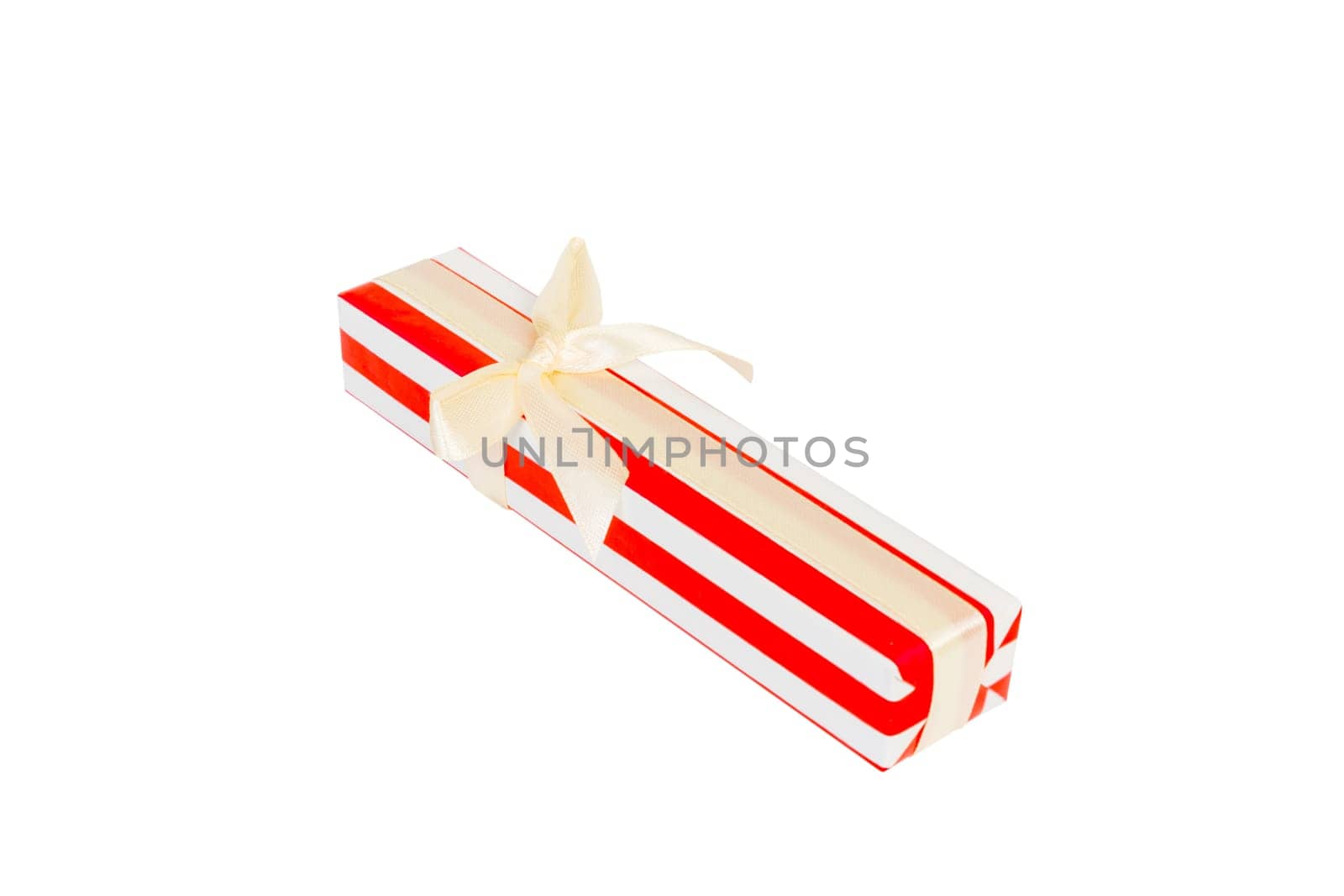 Christmas or other holiday handmade present in red paper with gold ribbon. Isolated on white background, top view. thanksgiving Gift box concept.