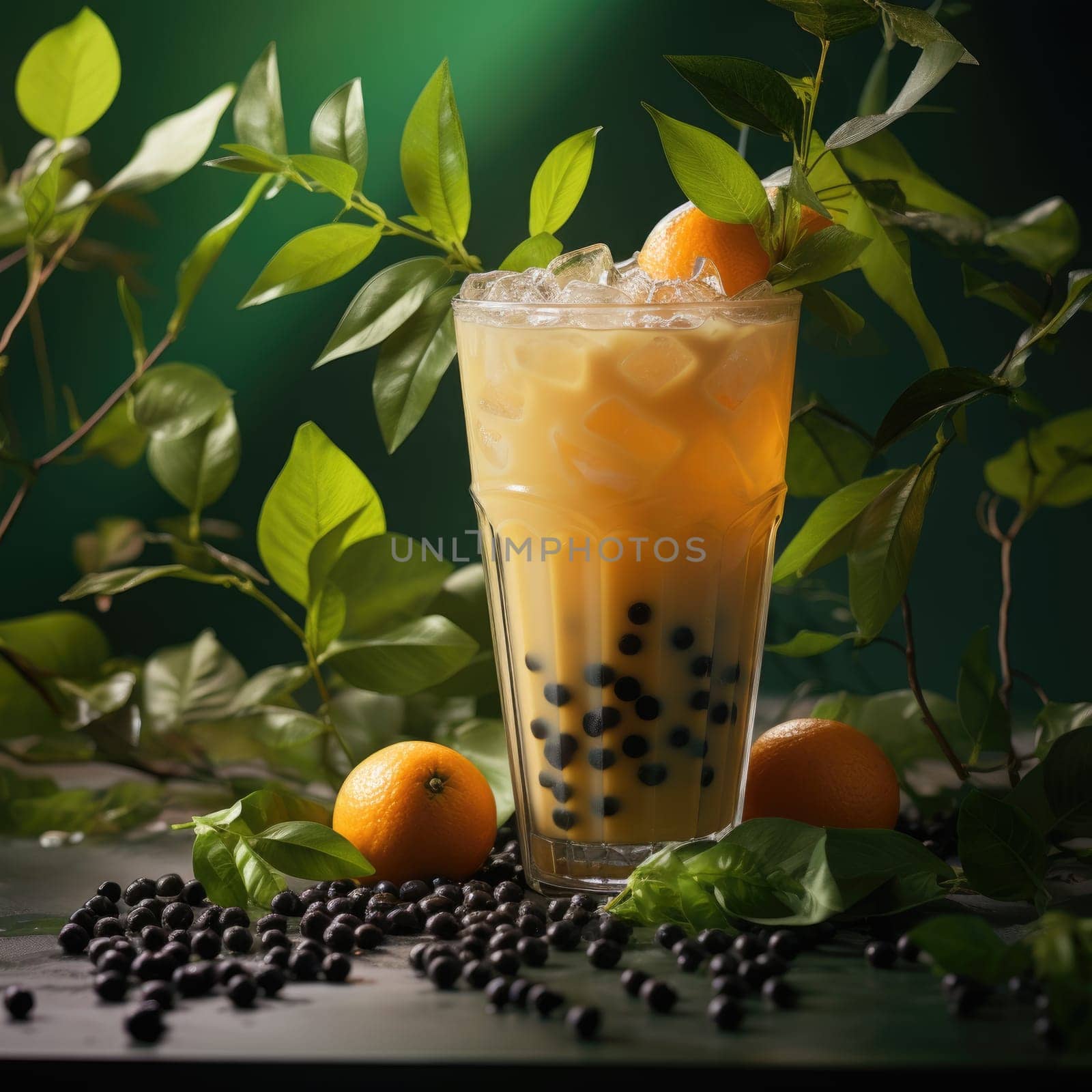 Bubble iced milk coffee with black boba or tapioca pearls and citrus on dark background. AI Generated