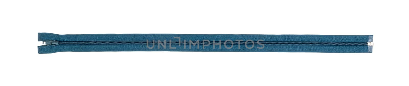 Blue zipper. Isolated on white background. top view