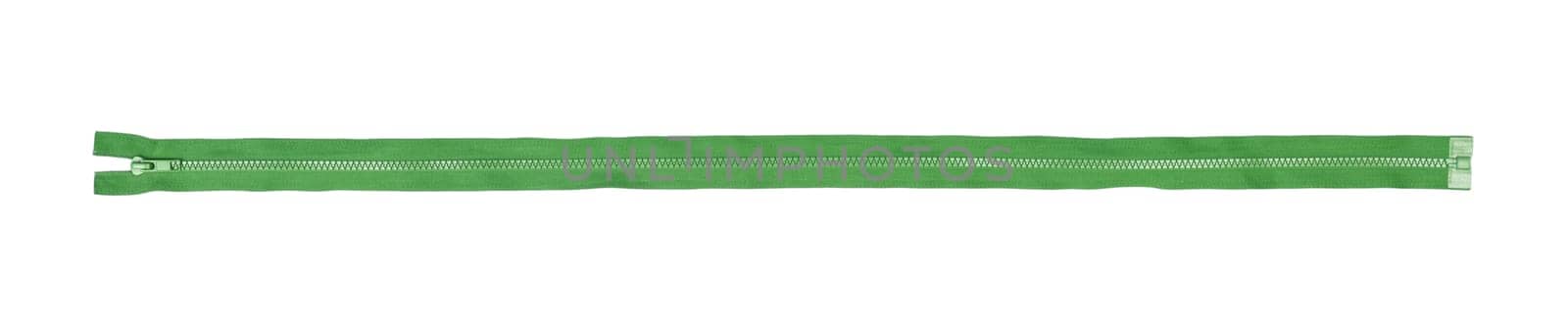 green Zipper isolated on white backgroun, top view.