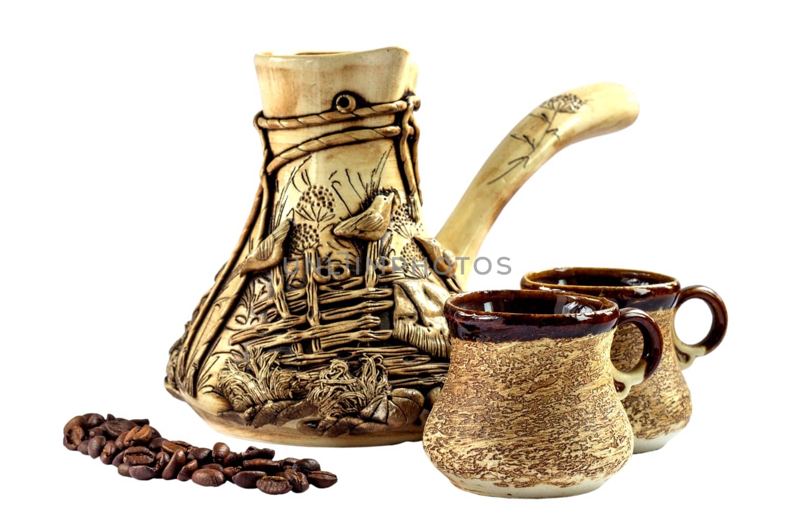 Ceramic coffee set, cezve and cup with coffee.