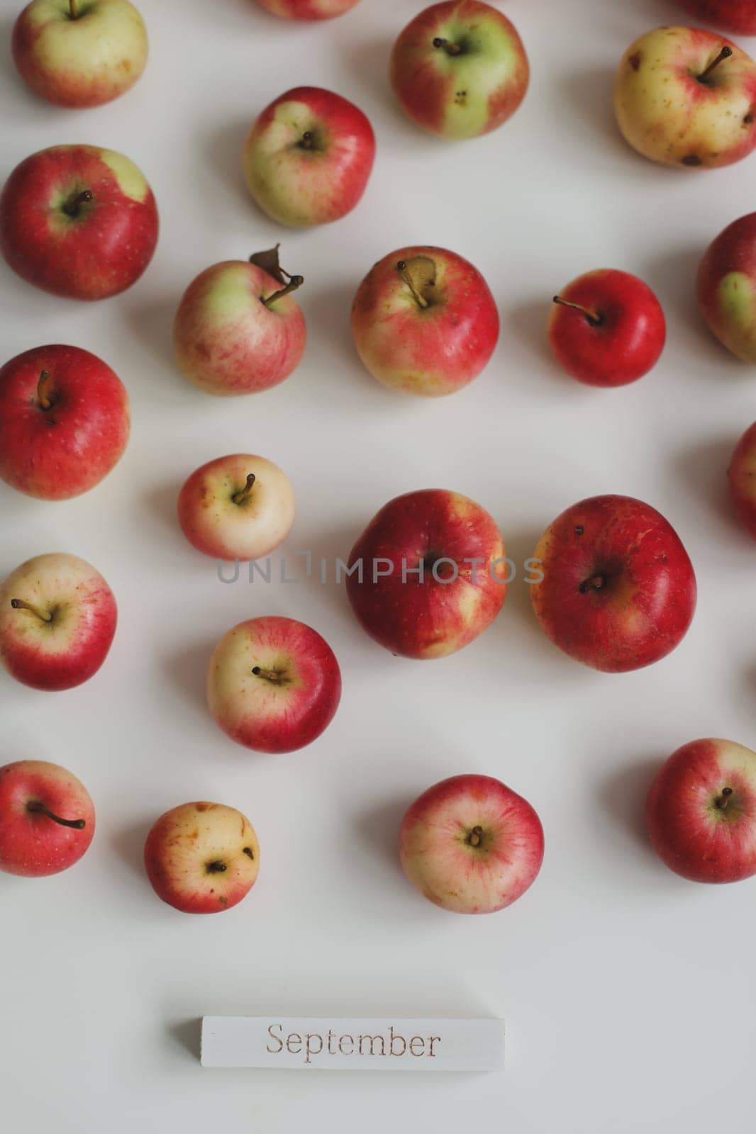 hello autumn card with fresh red apples on white background top view by paralisart