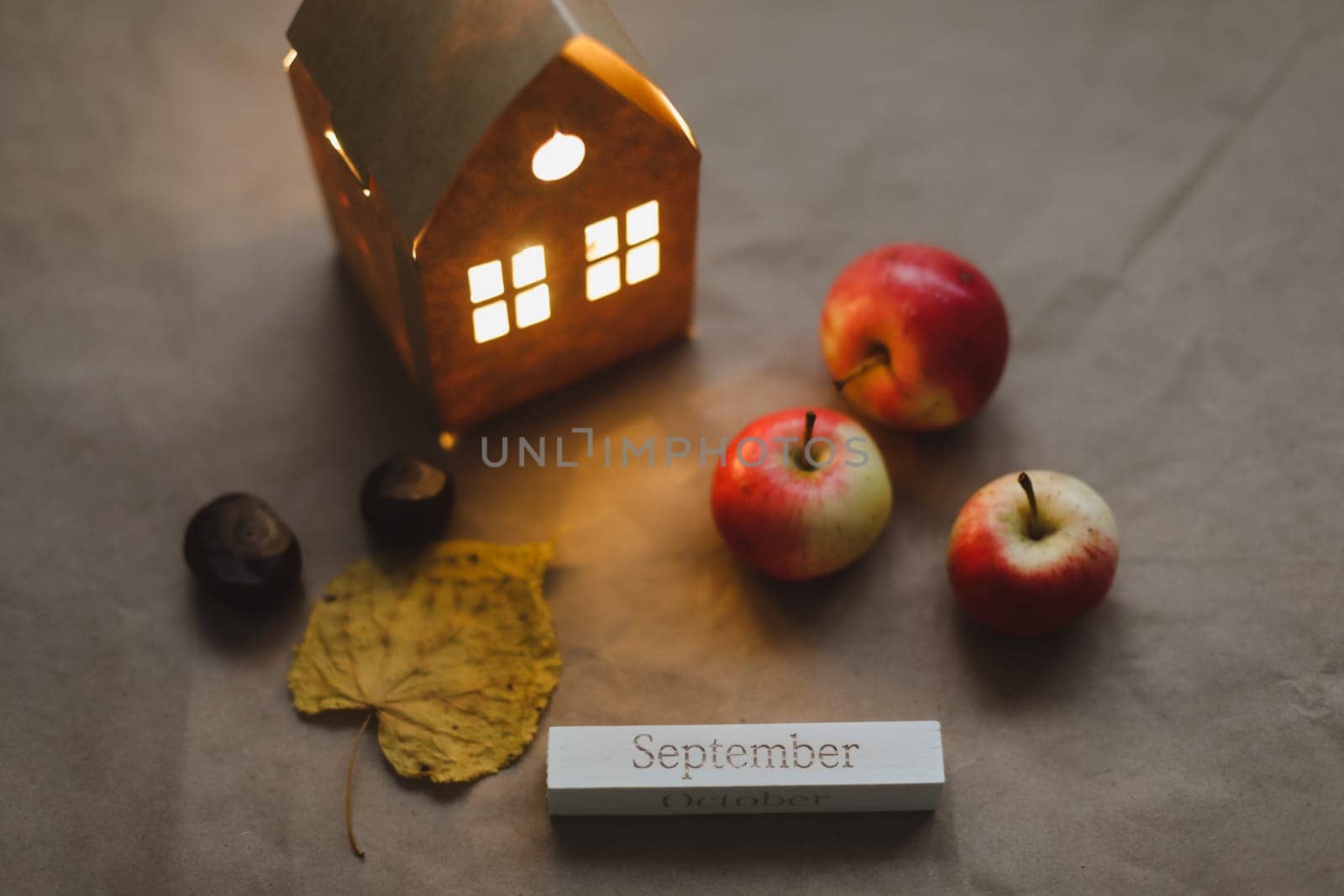 Hello September. Autumnal composition. Fall leaves, apples. Autumn, thanksgiving concept. Flat lay, top view