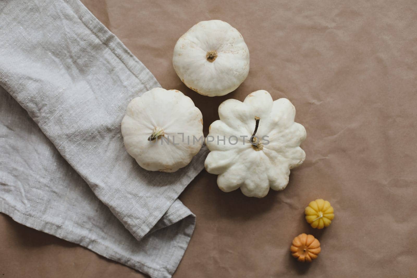 White pumpkins and squash on craft paper background. Fall, Halloween, Thanksgiving concept. Top view, copy space.