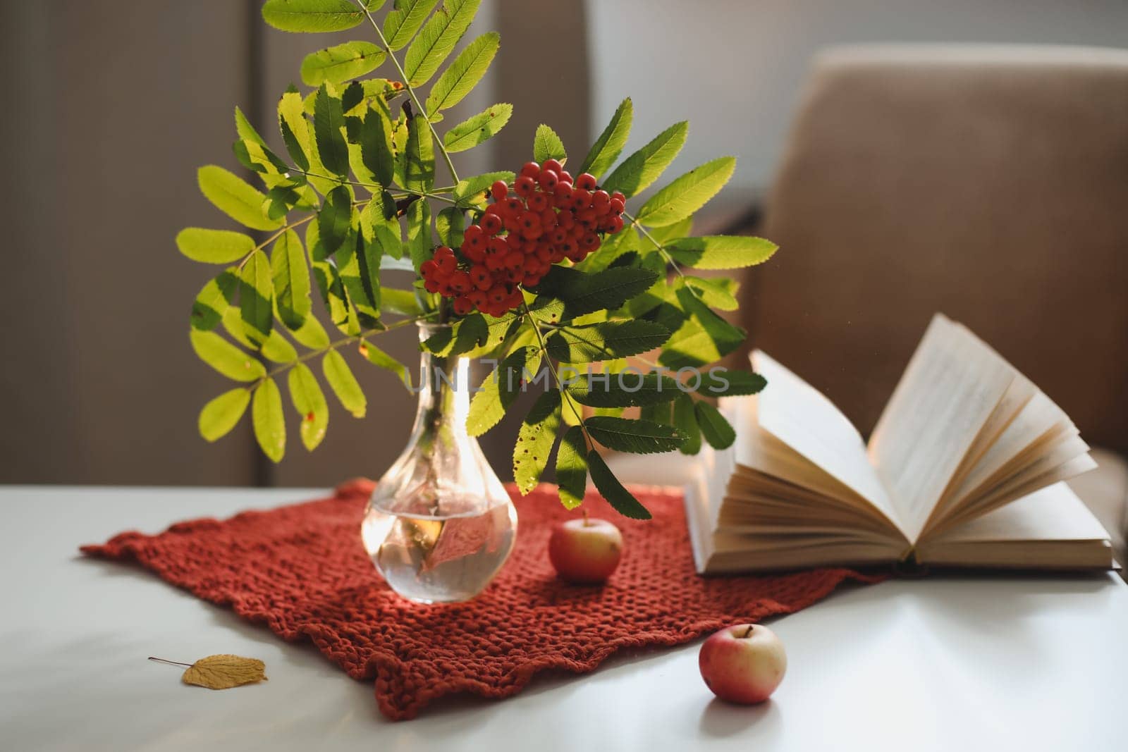 autumn still life with a rowan branch in a vase and a book and apples in a cozy home interior