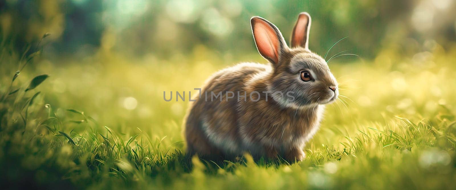 Banner Little rabbit on green grass in summer sunny day.