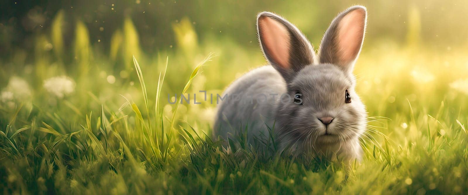 Banner Little rabbit on green grass in summer sunny day.