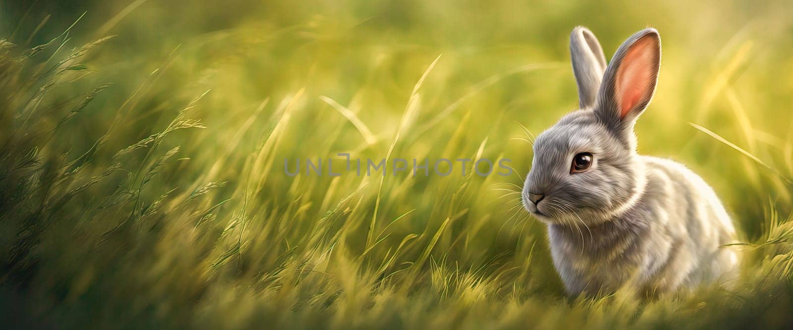 Banner Little rabbit on green grass in summer sunny day by EkaterinaPereslavtseva