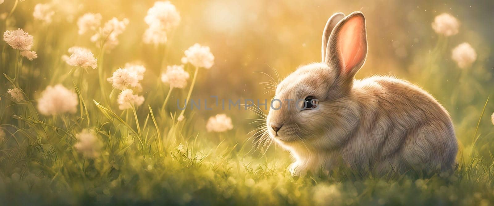 Cute baby rabbit on a green lawn sunshine.