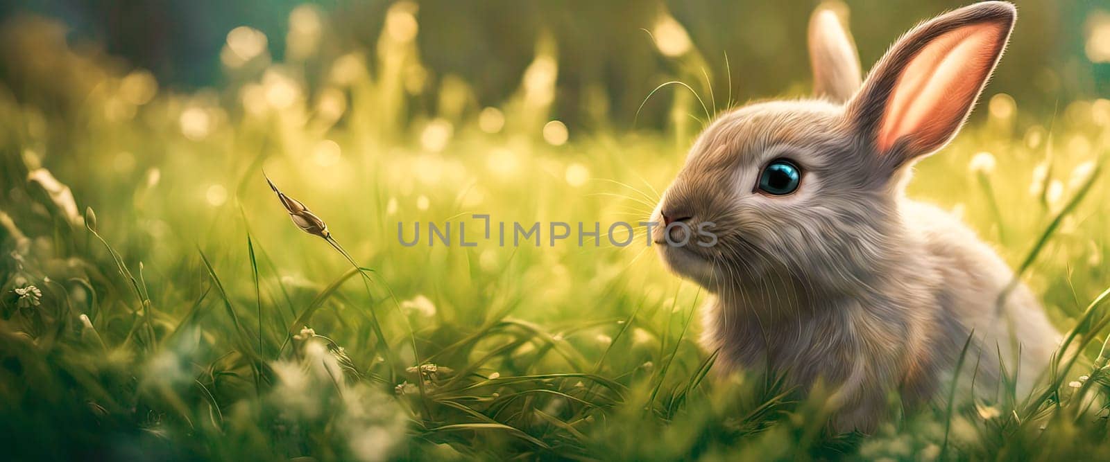 Banner Little rabbit on green grass in summer sunny day by EkaterinaPereslavtseva