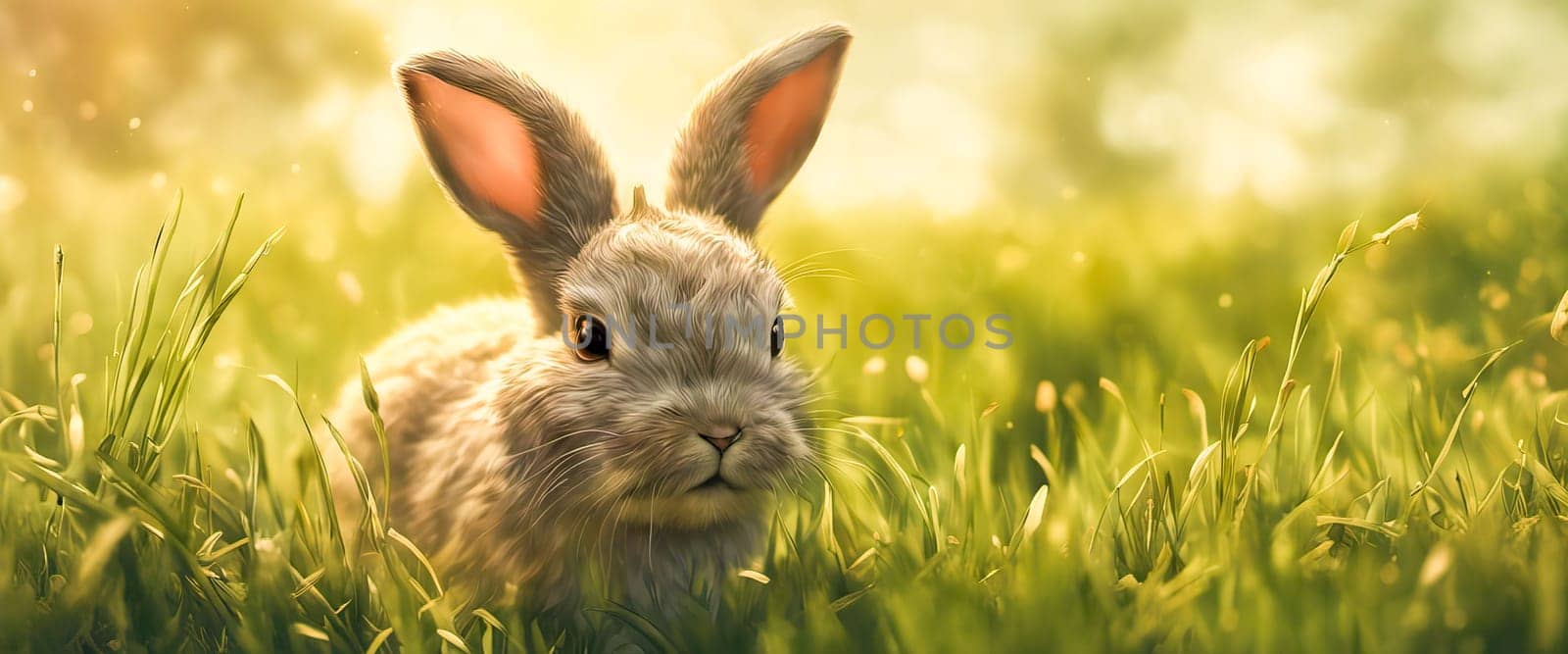 Banner fluffy bunny in a green garden on a sunny day Easter animals background. by EkaterinaPereslavtseva