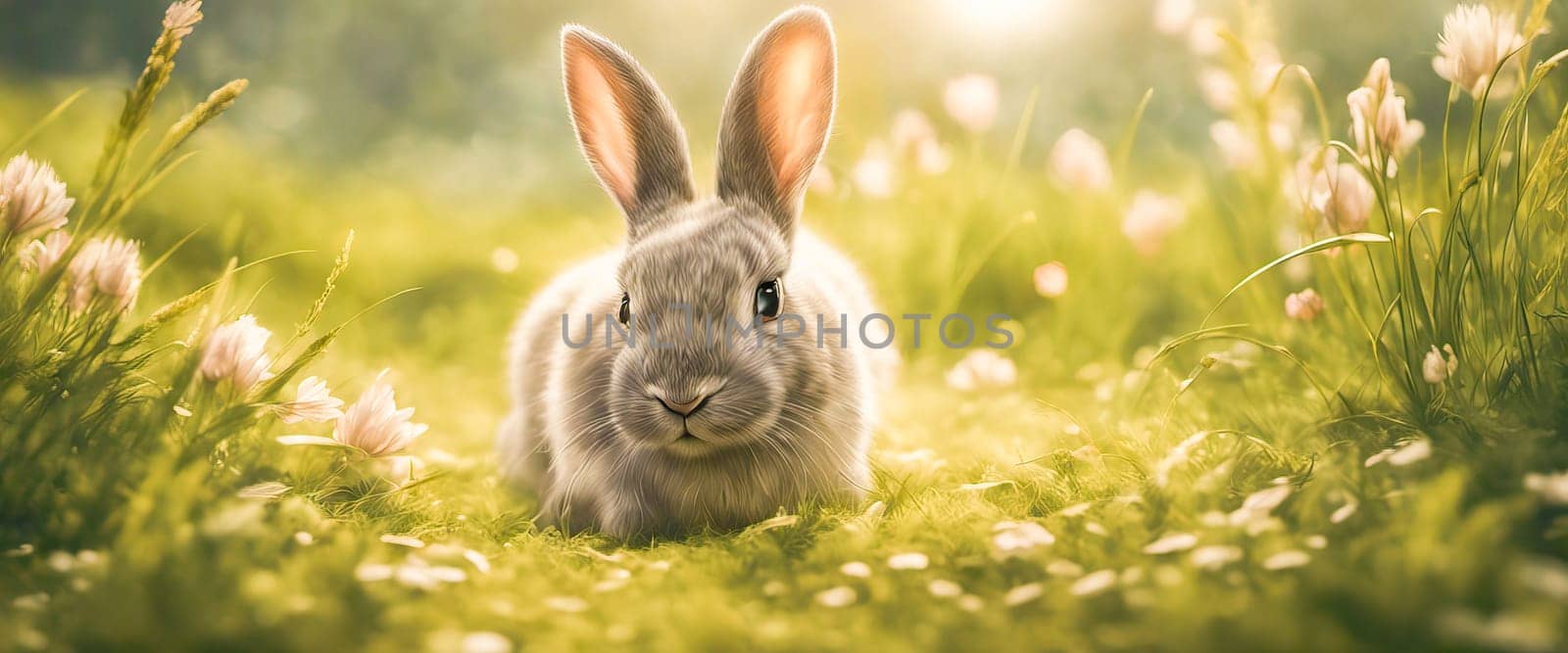 Cute baby rabbit on a green lawn sunshine.