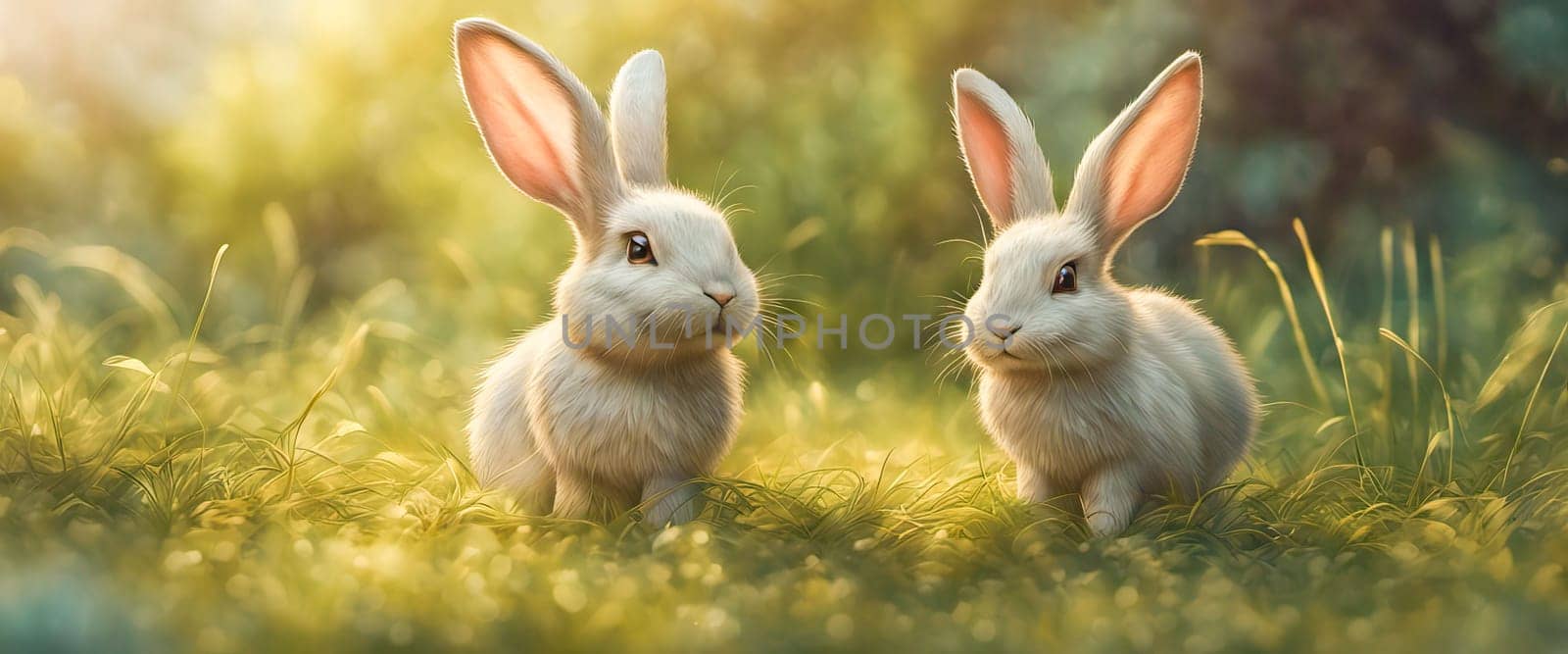 Cute baby rabbit on a green lawn sunshine by EkaterinaPereslavtseva