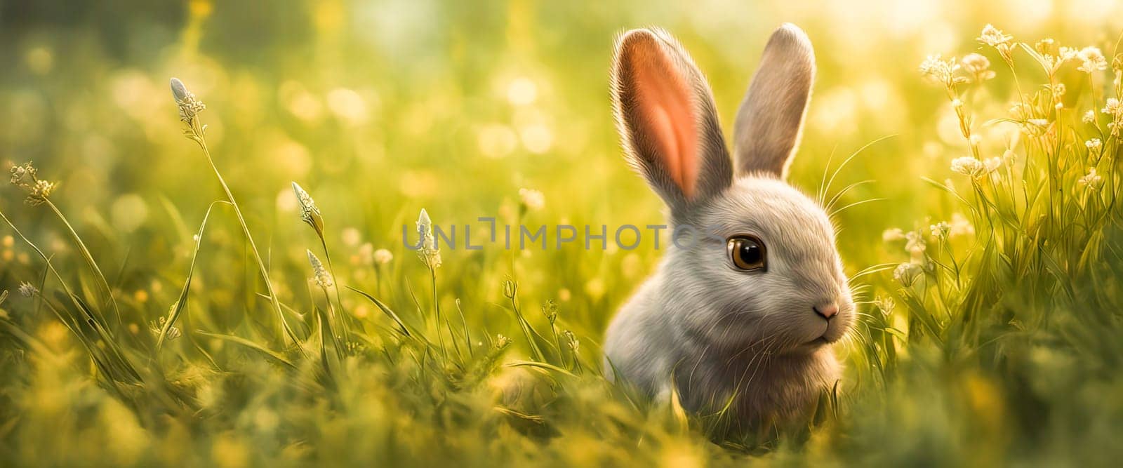 Cute adorable fluffy rabbit sitting on green grass lawn at backyard. Small sweet bunny walking by meadow in green garden on bright sunny day. Easter nature and animal bokeh background