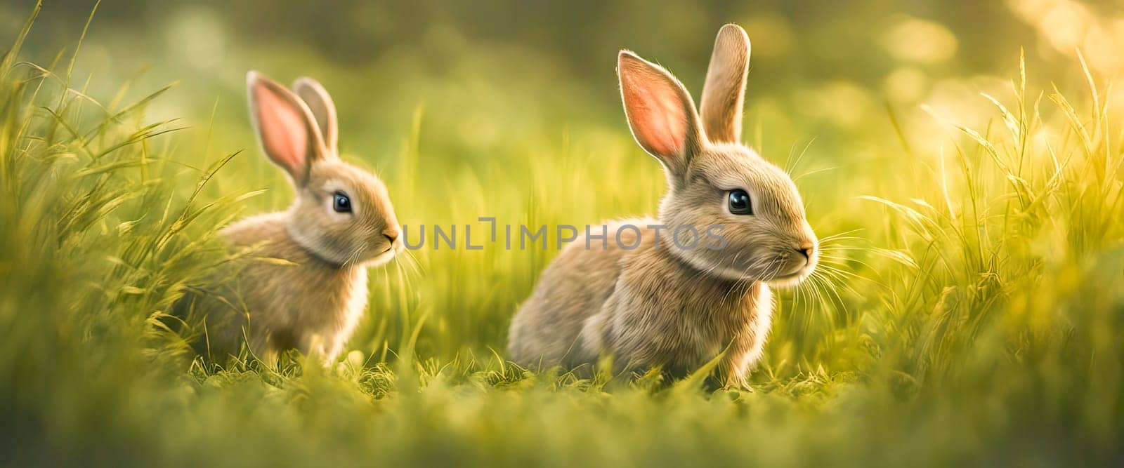 Adorable rabbit sitting on grass with natural bokeh in backdrop. Cute baby by EkaterinaPereslavtseva