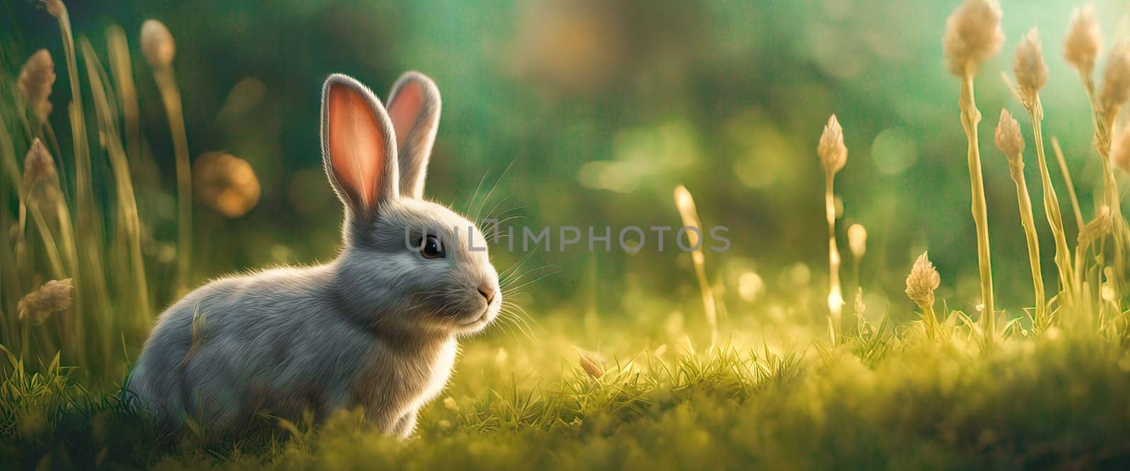 Rabbit. Cute little Easter bunny in meadow. Green grass under sunbeams. Rabbit on a green grass in idyllic springtime landscape Wide banner