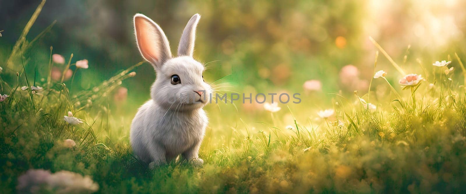 Happy Easter Bunny on a card on their with flowers at sunset. Cute hare