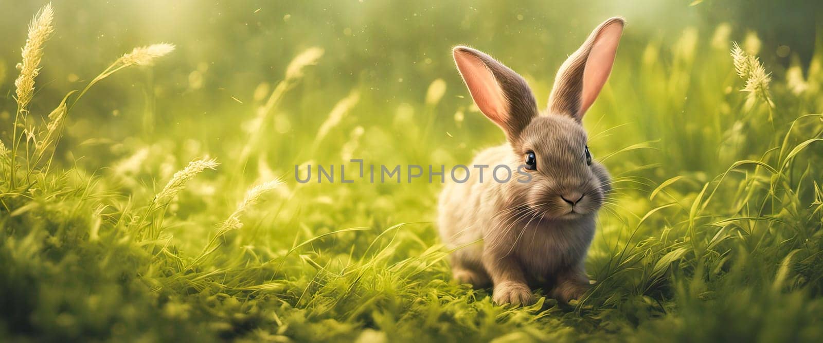 Rabbit. Cute little Easter bunny in meadow. Green grass under sunbeams. Rabbit by EkaterinaPereslavtseva