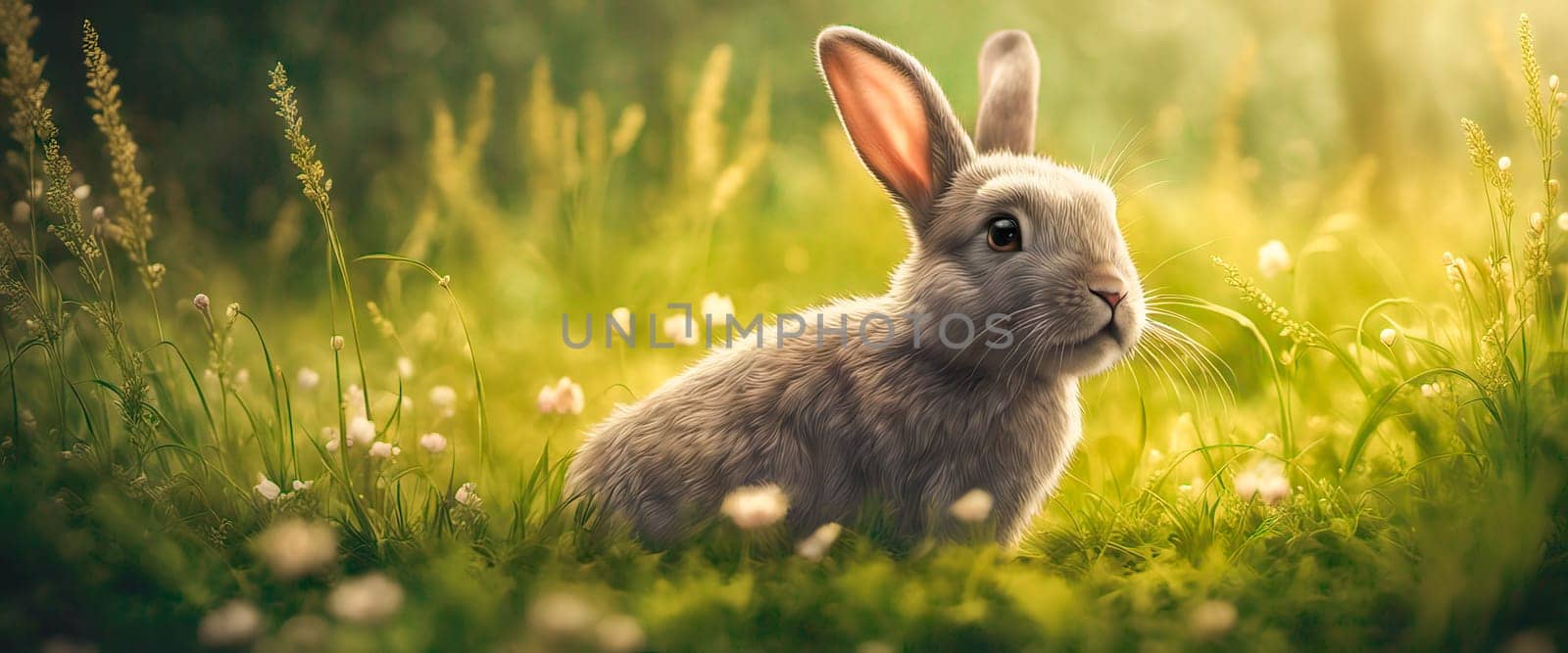 Banner Little rabbit on green grass in summer sunny day.