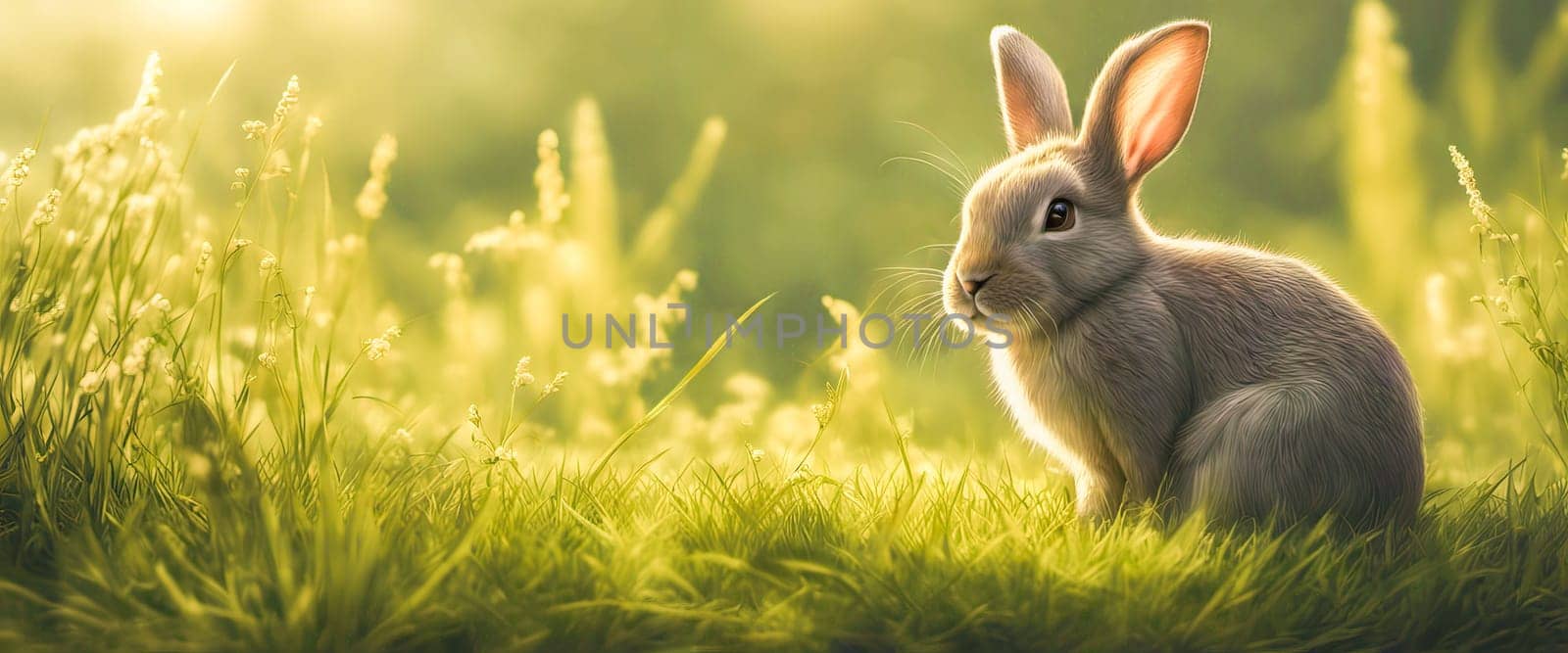 Rabbit. Cute little Easter bunny in meadow. Green grass under sunbeams. Rabbit by EkaterinaPereslavtseva