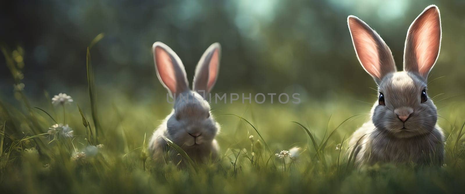 Happy Easter Bunny on a card on their with flowers at sunset. Cute hare