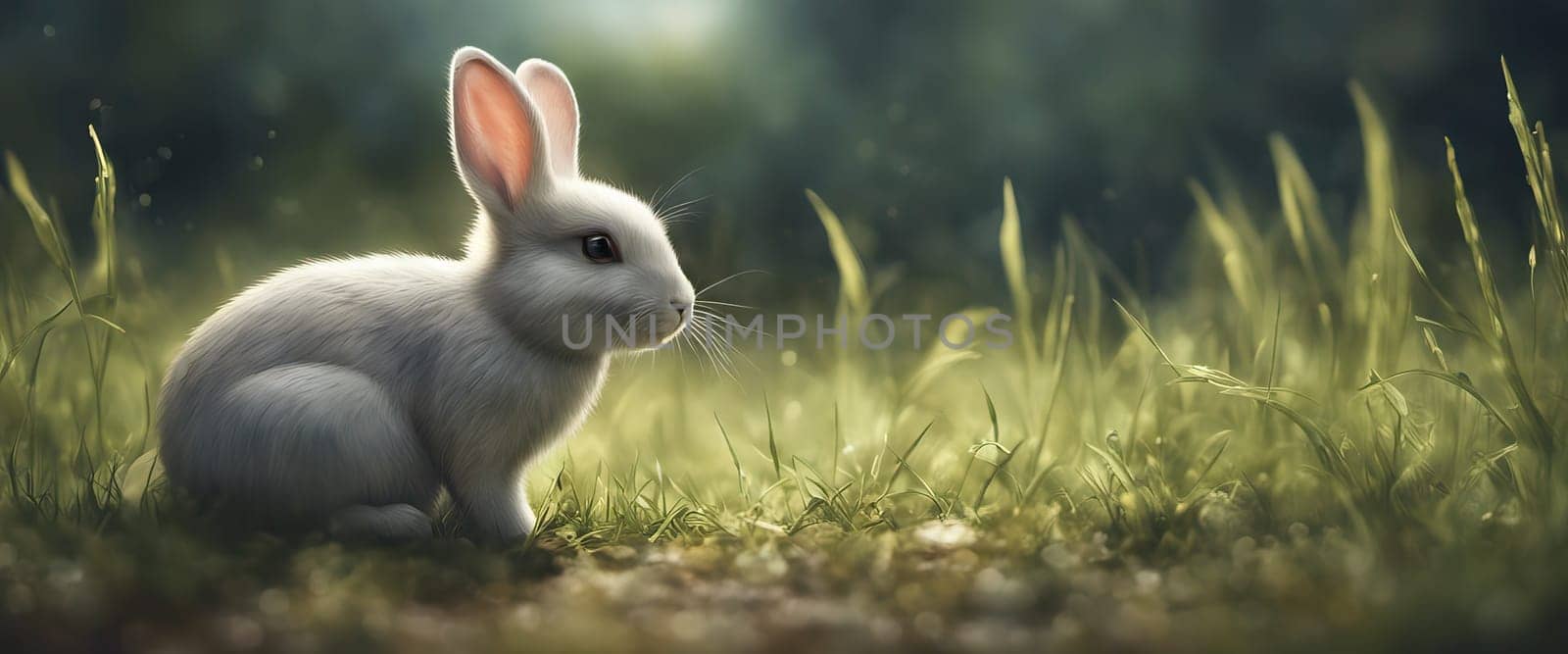 A small rabbit sitting in a field on green grass