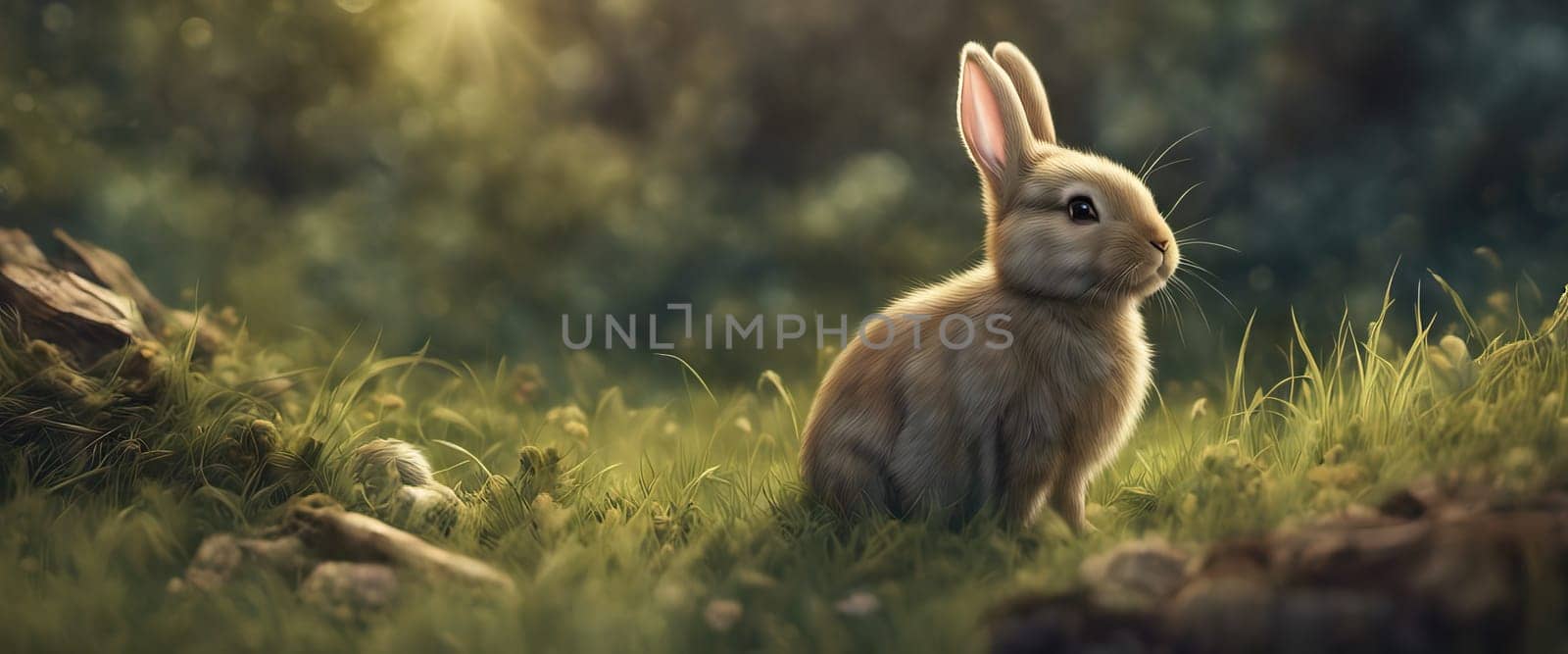 Adorable rabbit sitting on grass with natural bokeh in backdrop. Cute baby by EkaterinaPereslavtseva